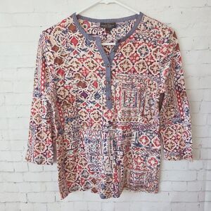 Lauren Ralph Lauren Southwestern Henley Top Size M Womens Red Blue 3/4 Sleeves